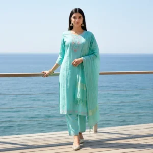 Teal Blue three-piece ethnic Kurti Set with pink and gold floral thread embroidery around the neckline