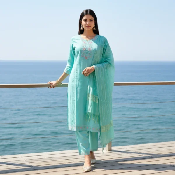 Teal Blue three-piece ethnic Kurti Set with pink and gold floral thread embroidery around the neckline