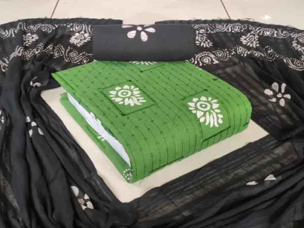 Green Premium Poplin Cotton Embroidered Wax Batik Fabric Set with Dupatta | Aai Rani Boutique