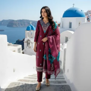 Burgundy embroidered three-piece ethnic suit with teal, sky blue, and white thread embroidery