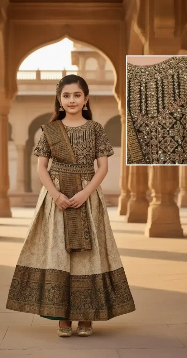 Girls’ Traditional Mehndi Green Pattu Pavadai – Festive & Party Wear Outfit