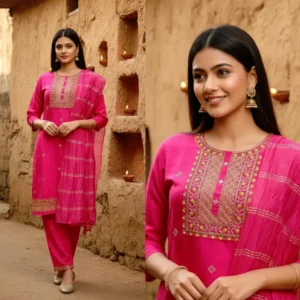 Rani Pink embroidered three-piece ethnic suit with intricate Yoke and neckline embroidery detailing