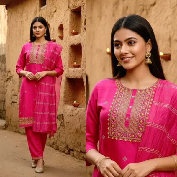 Rani Pink embroidered three-piece ethnic suit with intricate Yoke and neckline embroidery detailing