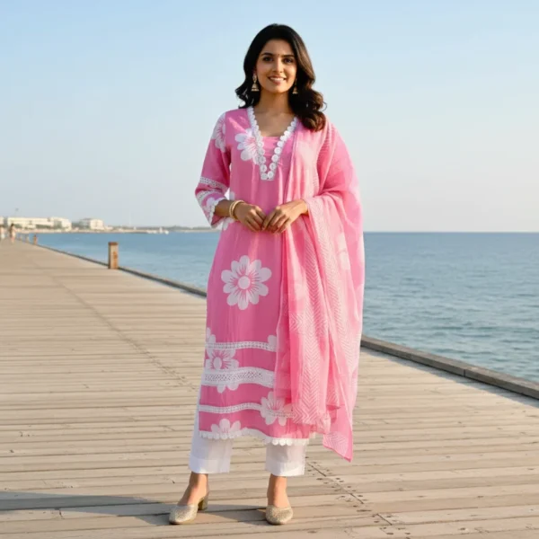 Candy pink and white three-piece 60x60 cotton ethnic set with delicate white lace trim on the V-neckline