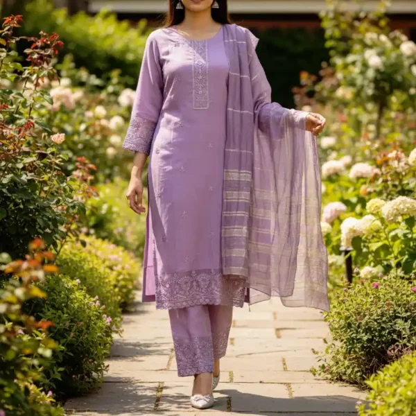 Soft lavender embroidered three-piece ethnic suit with intricate detailing on the sleeves and daman
