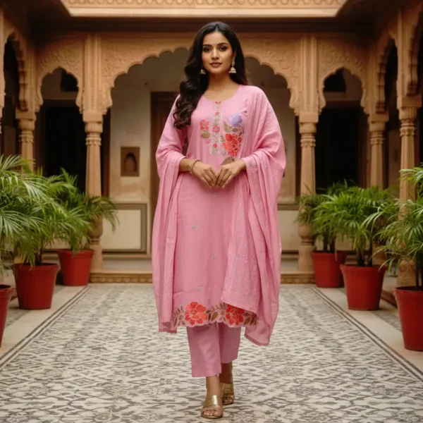 Coral pink embroidered three-piece ethnic suit with floral thread embroidery in coral, deep pink, and purple on the neckline and hem