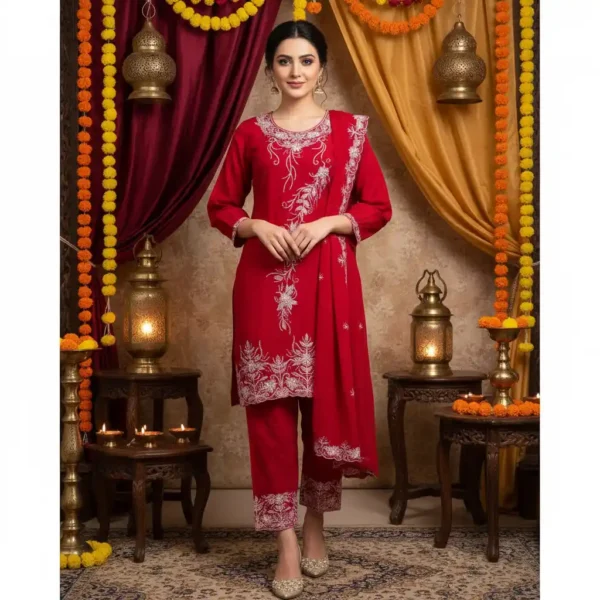 Red Stunning Georgette 3-Piece Kurti Set with Ari & Embroidery Work on Neck, Sleeves & Salwar Bottom