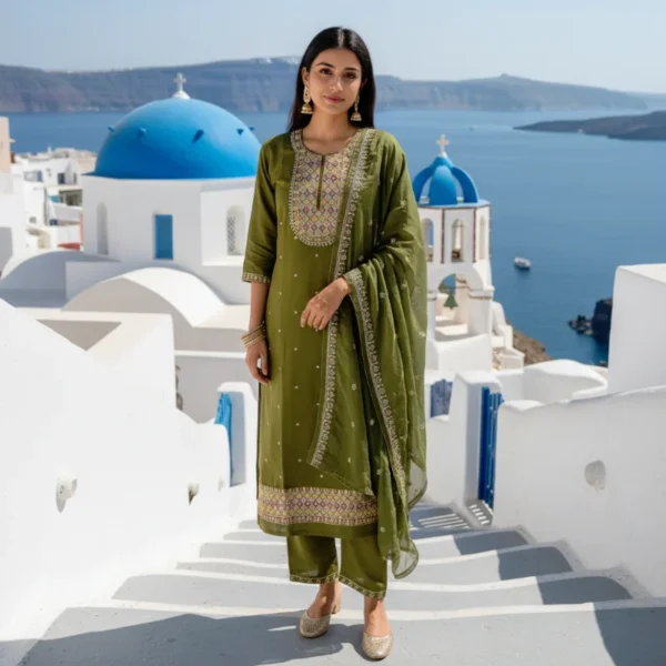 Olive green embroidered three-piece ethnic suit with multicolor thread and zari work on the yoke and hem