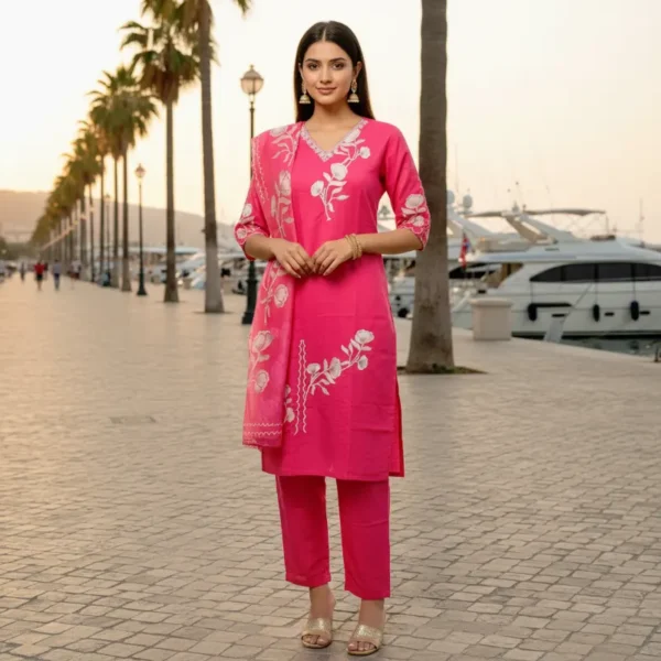 Fuchsia pink embroidered three-piece ethnic suit with white floral thread embroidery on the neckline, cuffs, and hemline