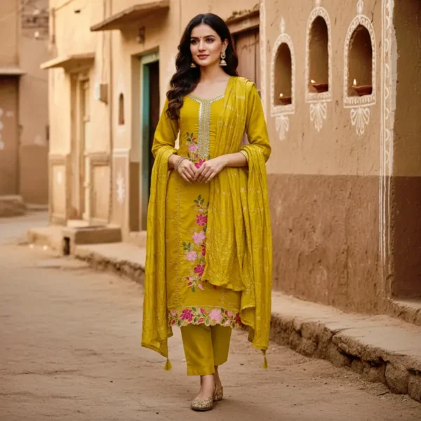 Mustard yellow embroidered three-piece ethnic suit with pink, white, and purple floral thread embroidery on the yoke and hem