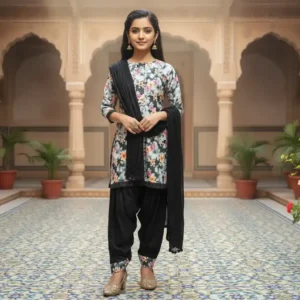 Girls’ elegant midnight black kurti paired with Afghan salwar, featuring traditional design and modern ethnic style