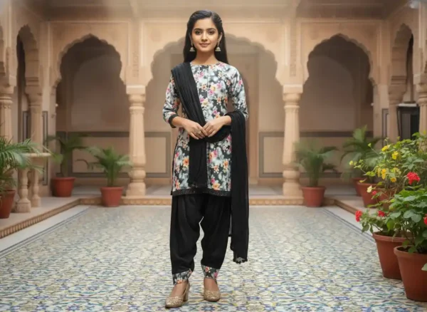 Girls’ elegant midnight black kurti paired with Afghan salwar, featuring traditional design and modern ethnic style