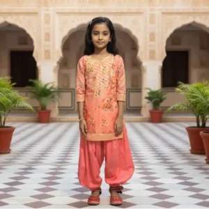 Deep peach churidar attire for girls featuring traditional ethnic design and comfortable festive wear