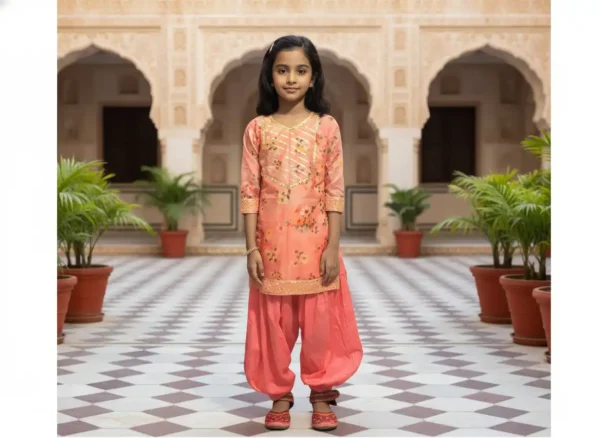 Deep peach churidar attire for girls featuring traditional ethnic design and comfortable festive wear