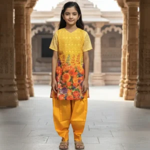 Stylish marigold Chikankari kurti for girls featuring intricate embroidery and elegant traditional ethnic design