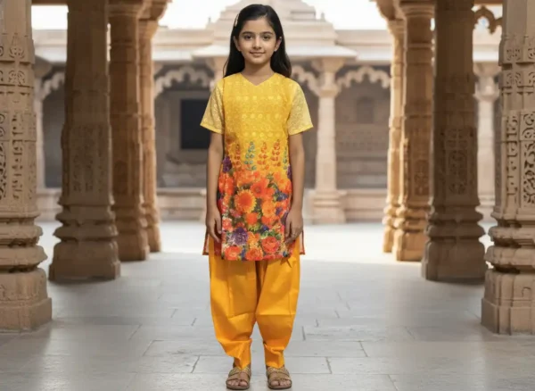 Stylish marigold Chikankari kurti for girls featuring intricate embroidery and elegant traditional ethnic design