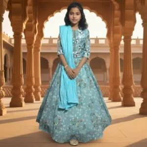Blue designer kids’ lehenga choli crafted from high-quality imported fabric with elegant embroidery and festive design
