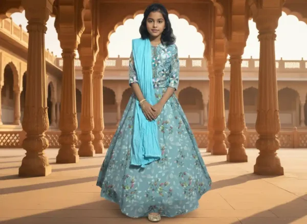 Blue designer kids’ lehenga choli crafted from high-quality imported fabric with elegant embroidery and festive design