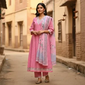 Peach Schiffli Embroidery 3-Piece Kurti Set with Neck Detailing