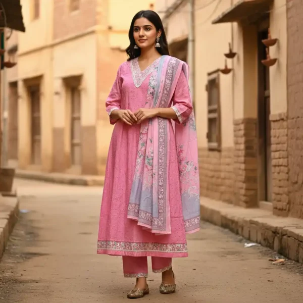 Peach Schiffli Embroidery 3-Piece Kurti Set with Neck Detailing