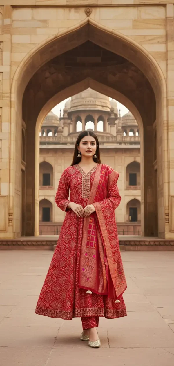 Red Bandhani Design Anarkali with Ari Work Neck and Elegant Dupatta