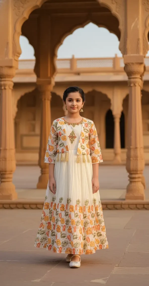 Cream Gold Gown with Floral & Matching Waistcoat