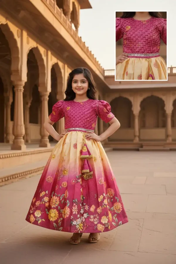 Rani Pink Ethnic Gown with Pale Peach Contrast | Party Wear Dress