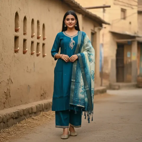 Roman Silk Kurti Set with Elegant Ari Work Neck & Printed Dupatta