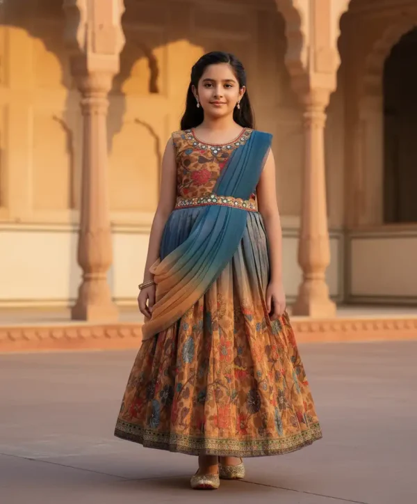 Stylish Gown with Mirror Detailing on Neck & Waist – Drape Style Dupatta Look