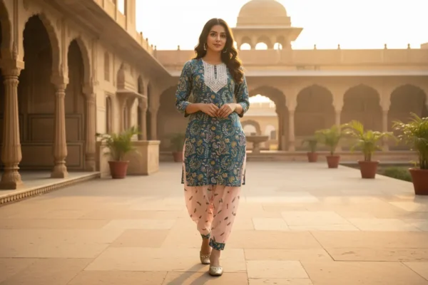 Peacock Green Muslin 2-Piece Kurti Set with Lace Neck Detailing