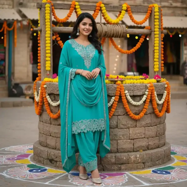 Deep Blue-Green Kurti Set with Ari & Boring Work on Neck, Sleeves, and Daman