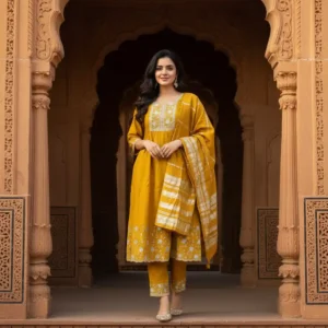 Mehndi Green Roman Silk 3-Piece Suit with Embroidery on Neck, Daman & Salwar