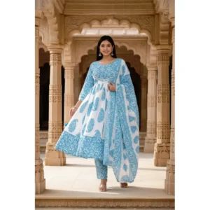 Blue and white block print cotton Anarkali suit set featuring a flared silhouette, intricate prints, and a graceful ethnic design.