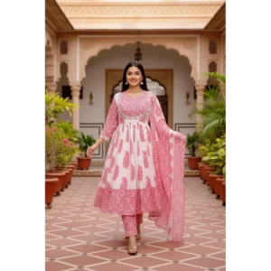 Pink and white block print cotton Anarkali suit set featuring a flowy silhouette, intricate hand-block prints, and elegant ethnic styling.