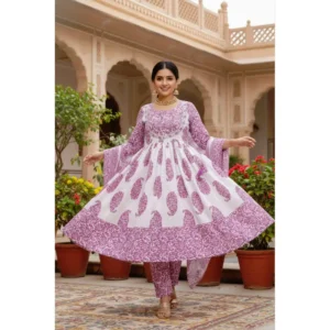 Violet and white block print cotton Anarkali suit set with a flared silhouette, handcrafted prints, and graceful ethnic detailing.