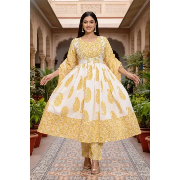 Yellow and white block print cotton Anarkali suit set featuring a flared silhouette and traditional ethnic design.