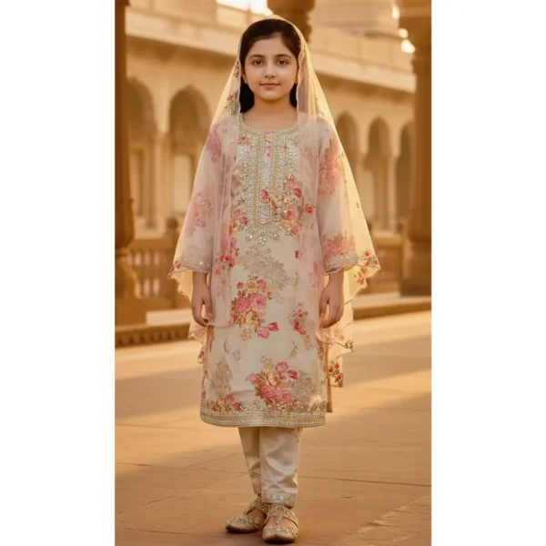 Beige kurti set for girls with Aari embroidery and pearl embellishments – festive ethnic wear