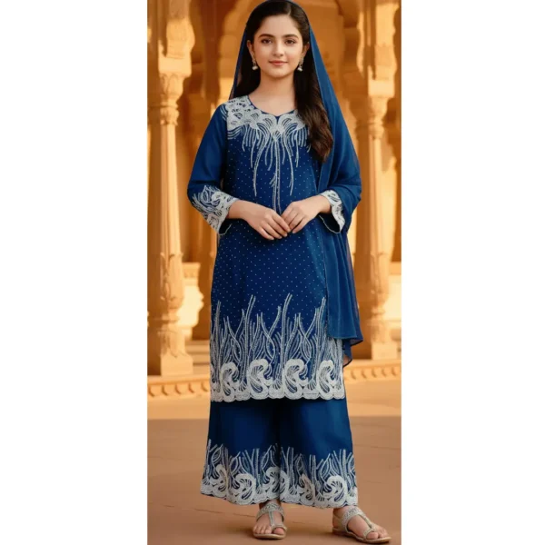 Blue kurti and plazo set for girls with elegant stone and embroidery work – festive ethnic outfit