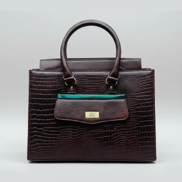 Chocolate brown crocodile-embossed genuine leather handbag with gold-tone hardware and a structured, elegant silhouette.