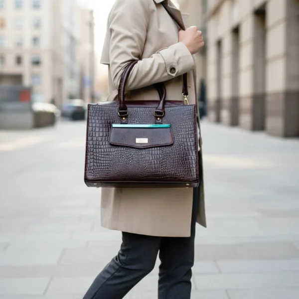 Chocolate brown crocodile-embossed genuine leather handbag with gold-tone hardware and a structured, elegant silhouette.