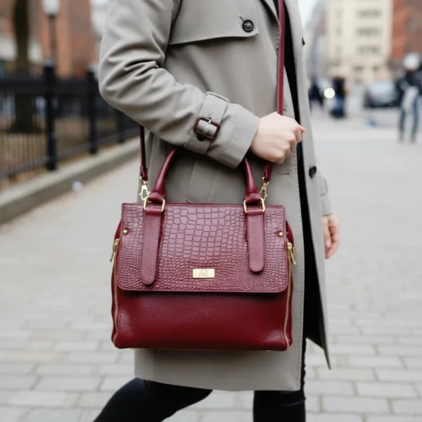 Genuine Burgundy Crocodile-Embossed Leather Handbag – Elegant Structured Women’s Bag