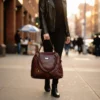 Genuine leather chocolate brown tote bag with sturdy structure, classic design, and rich cognac color tone