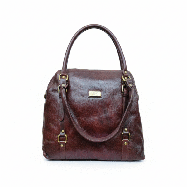 Genuine leather chocolate brown tote bag with sturdy structure, classic design, and rich cognac color tone
