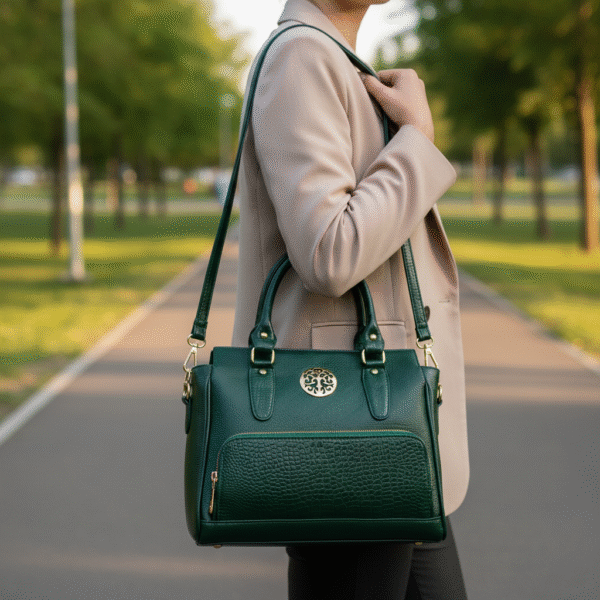 Dark green genuine leather handbag with crocodile-embossed texture, dual top handles, and gold-tone hardware accents