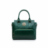 Dark green genuine leather handbag with crocodile-embossed texture, dual top handles, and gold-tone hardware accents