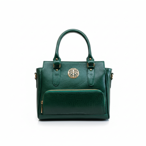 Dark green genuine leather handbag with crocodile-embossed texture, dual top handles, and gold-tone hardware accents