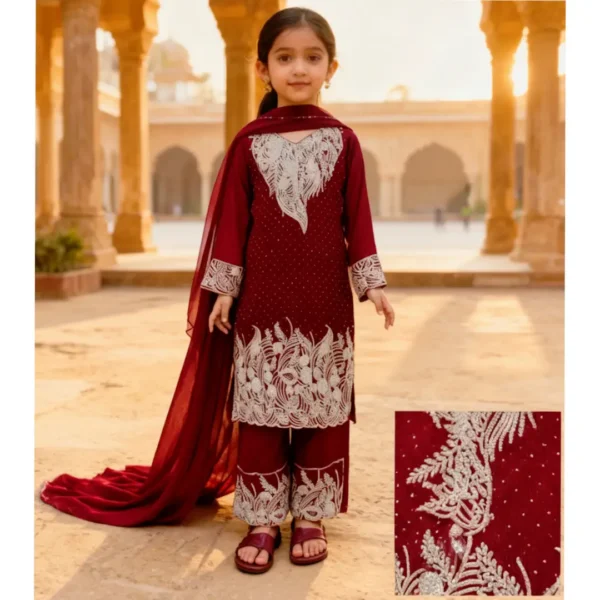 Maroon kurti and plazo set for girls with intricate stone and embroidery work – festive ethnic outfit