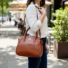 Rich Cognac Brown Leather Handbag with Braided Whipstitch Detailing, Handcrafted Luxury Tote