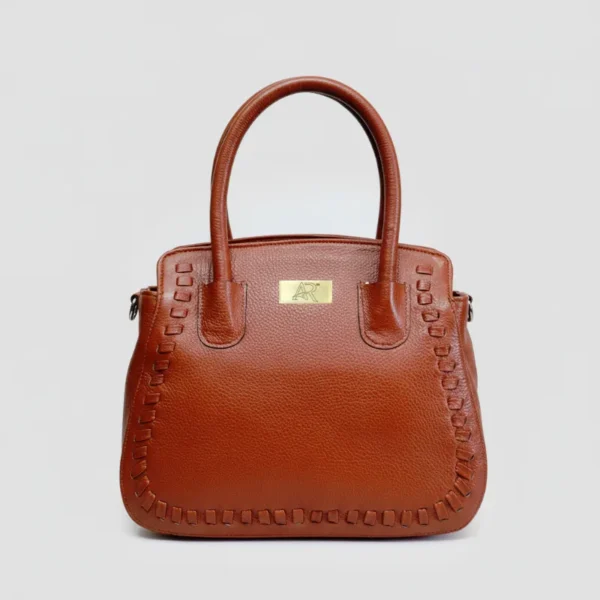 Rich Cognac Brown Leather Handbag with Braided Whipstitch Detailing, Handcrafted Luxury Tote