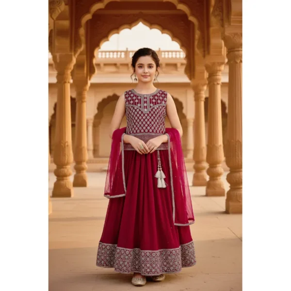 Maroon embroidered lehenga with flared skirt and embellished border – perfect for weddings and festive occasions